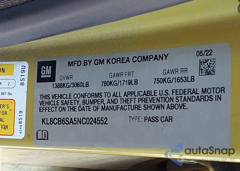 2022 Chevrolet Spark Fwd Ls Automatic z USA, uszkodzony, nr VIN KL8CB6SA5NC024552